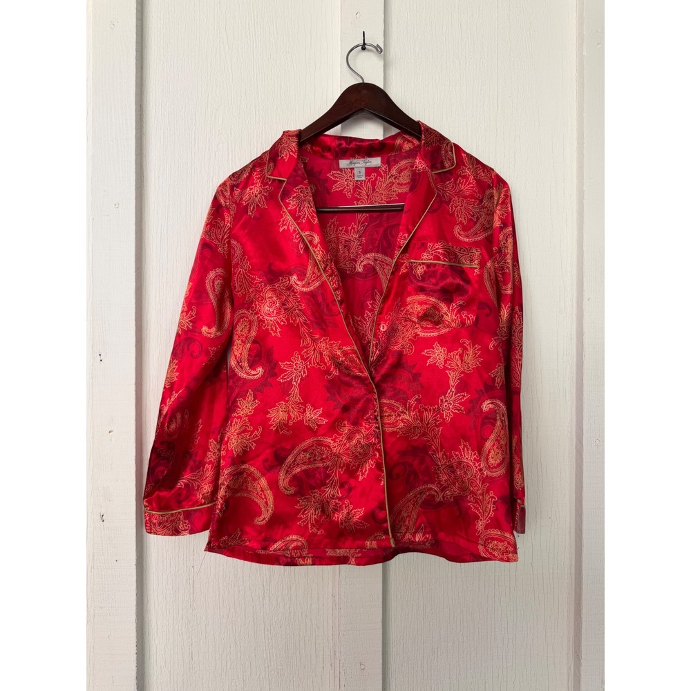 Morgan Taylor Intimates Red Paisley Satin Pajama Set Women Small Long Sleeve 2Pc